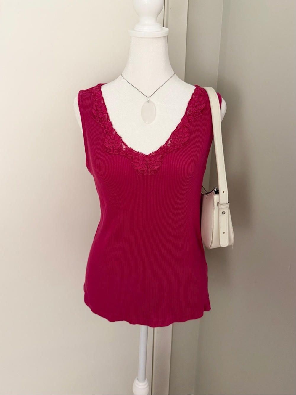Y2K Apostrophe Ribbed Lace-Trim Tank Top Hot Pink